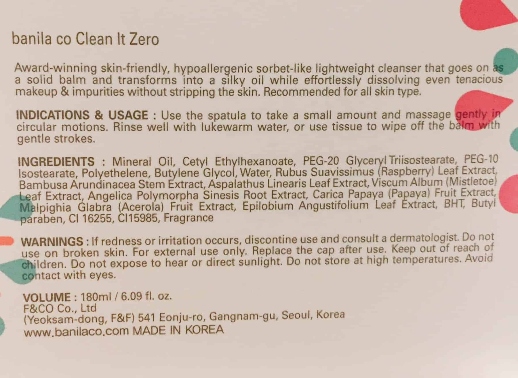 Clean It Zero von Banila Co. Inhaltsstoffe